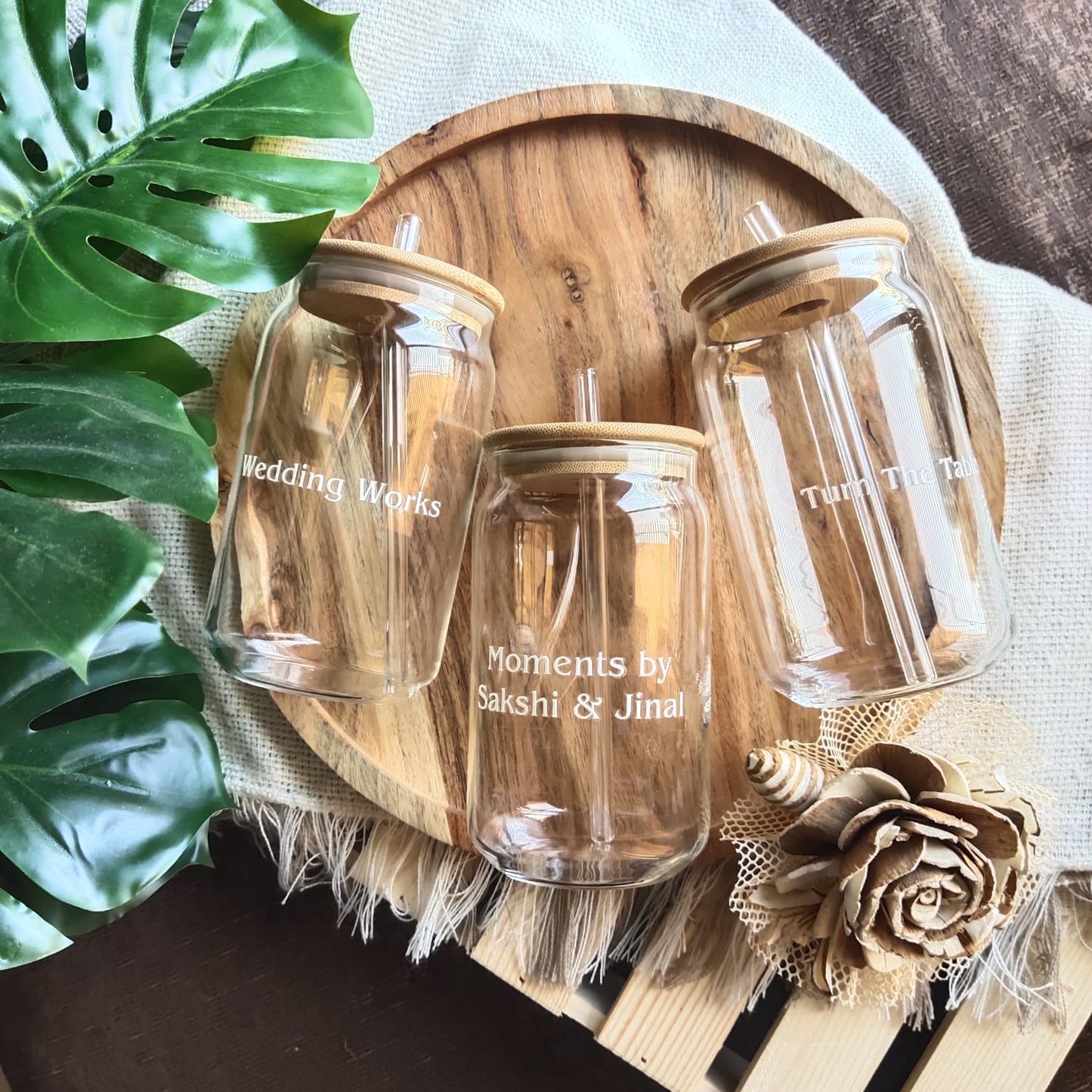 Customized Name Round Glass Tumbler with Wooden Lid and Glass Straw ( Pack of 1)
