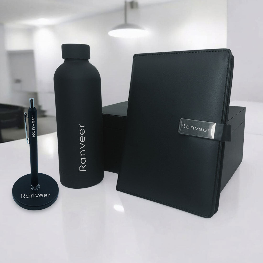 Corporate Gift Set for Diwali – Personalised Bottle, Diary & Levitating Pen (Black)