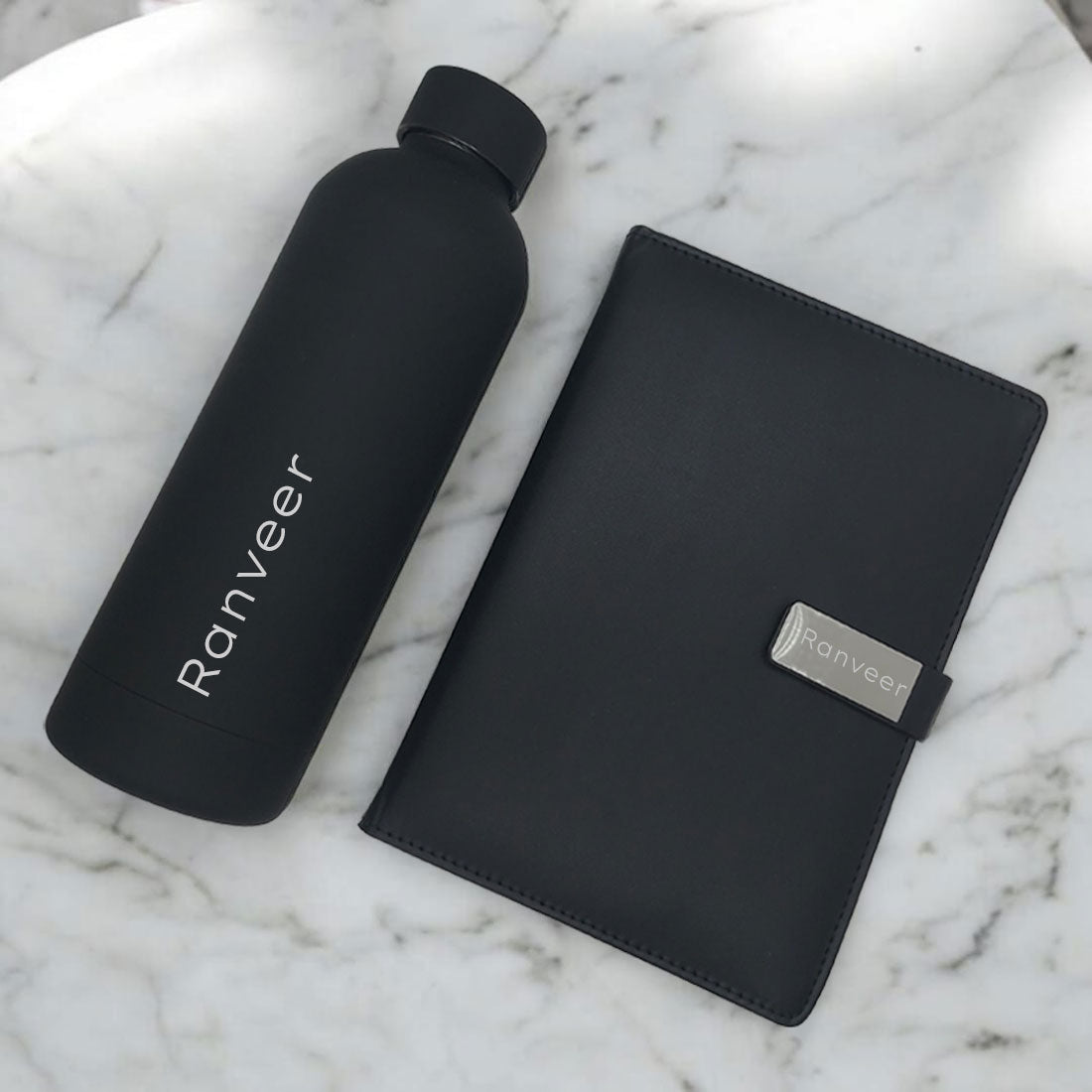 Corporate Gift Set for Diwali – Personalised Bottle, Diary & Levitating Pen (Black)