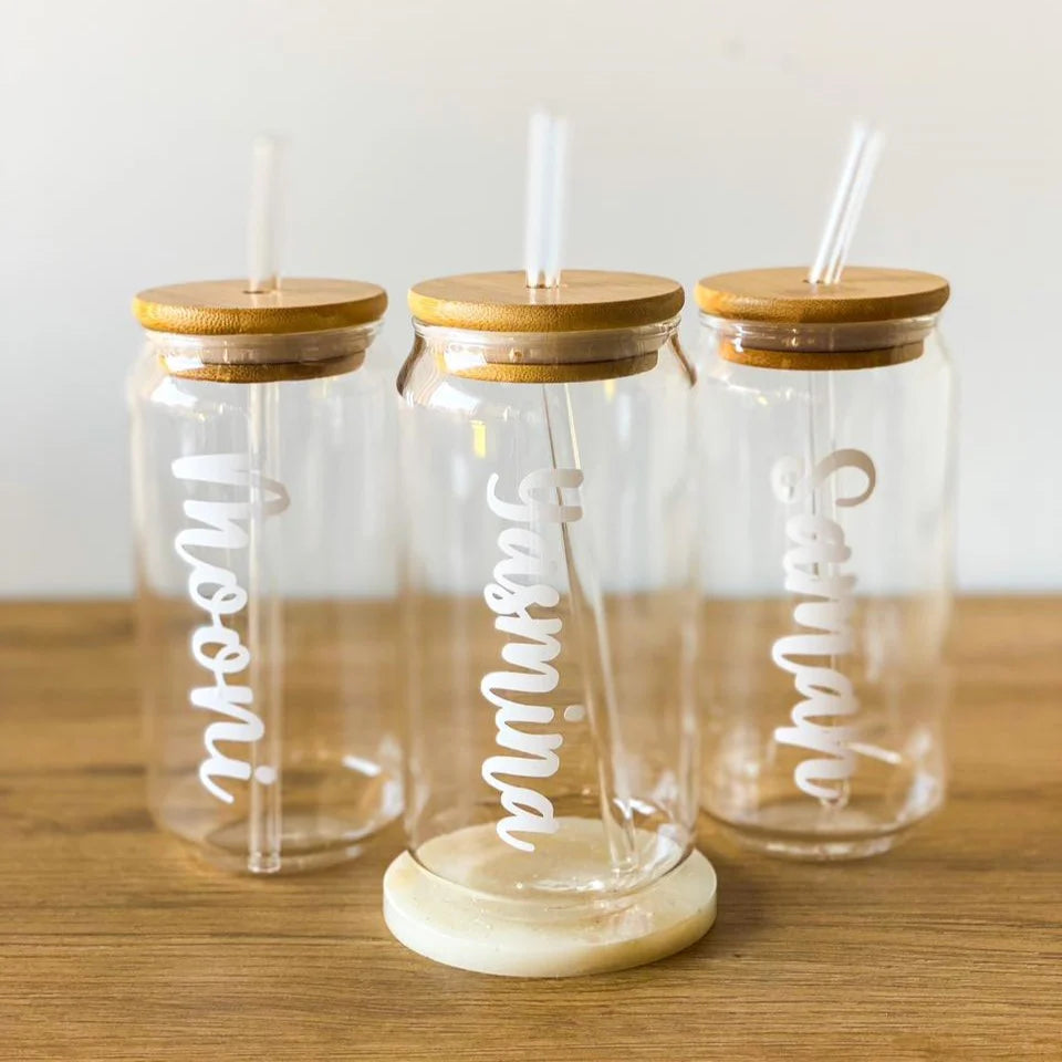 Customized Name Round Glass Tumbler with Wooden Lid and Glass Straw ( Pack of 1)