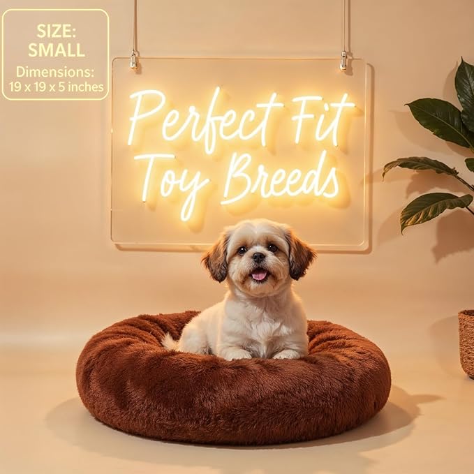 Donut Bed for Small Dogs & Cats | Ultra-Soft Brown Faux Fur