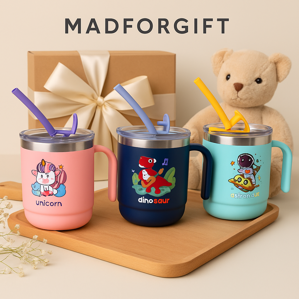 Personalised Kids Stainless Steel Straw Mug with Handle – Unicorn | Dinosaur | Astronaut