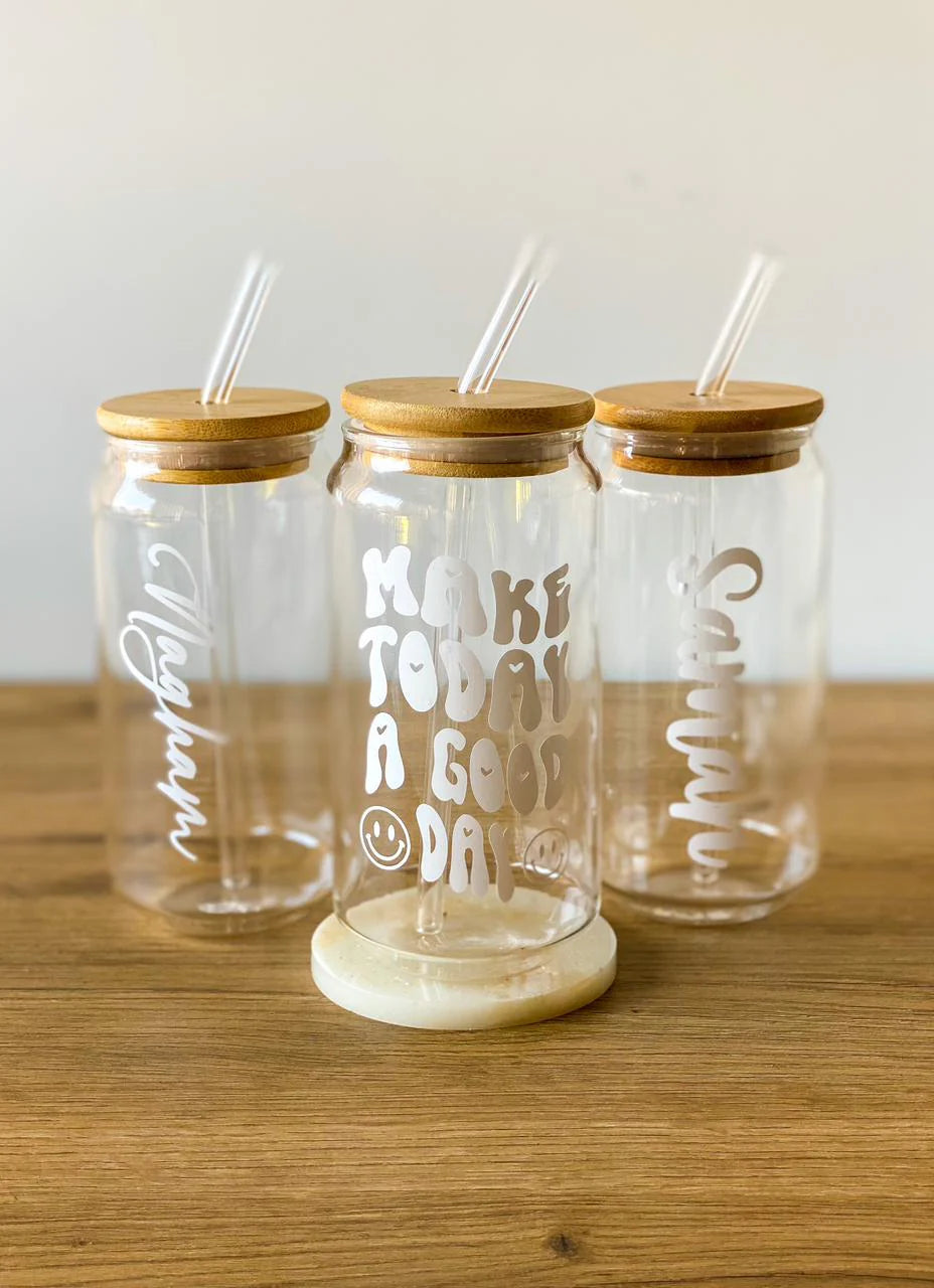 Customized Name Round Glass Tumbler with Wooden Lid and Glass Straw ( Pack of 1)