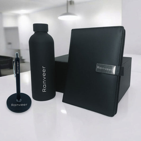 Corporate Gift Set for Diwali – Personalised Bottle, Diary &amp; Levitating Pen (Black)