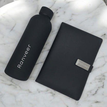 Corporate Gift Set for Diwali – Personalised Bottle, Diary &amp; Levitating Pen (Black)