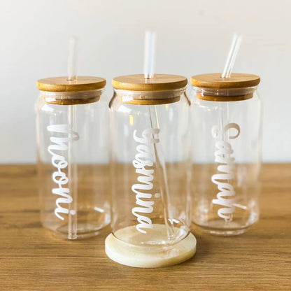 Customized Name Round Glass Tumbler with Wooden Lid and Glass Straw ( Pack of 1)