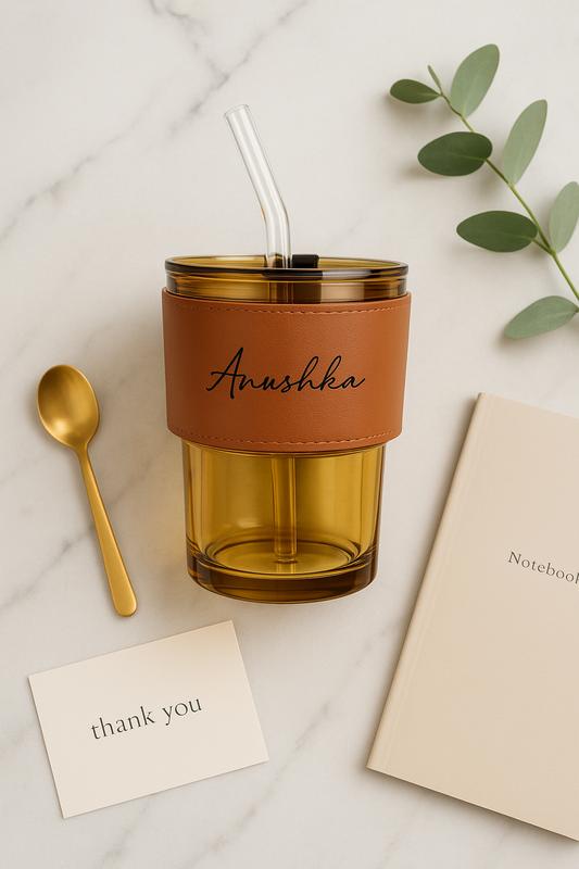 Jizz Leather Strap Glass Tumbler (250ml) Tan Color