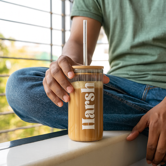 Fluted Can Glass Tumbler with Bamboo Lid & Glass Straw – 420ml Premium Drinkware
