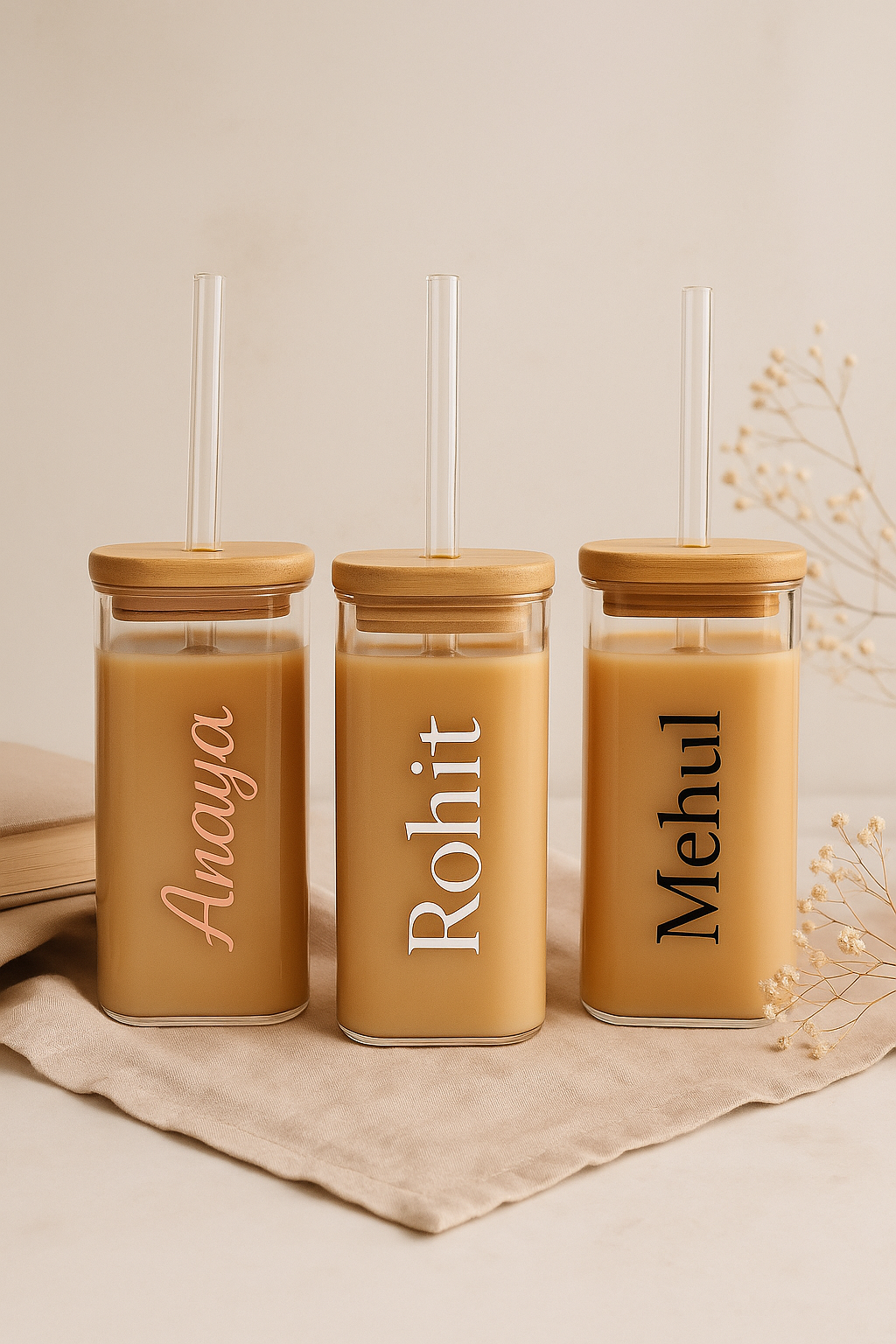 Personalized Square Glass Tumbler with Bamboo Lid & Straw