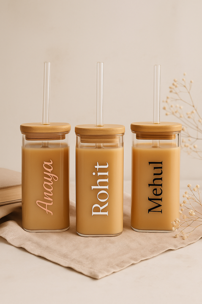 Personalized Square Glass Tumbler with Bamboo Lid & Straw