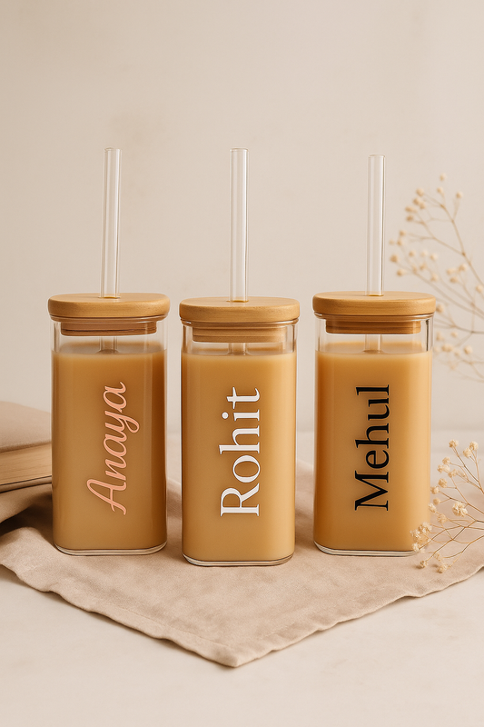 Personalized Square Glass Tumbler with Bamboo Lid & Straw