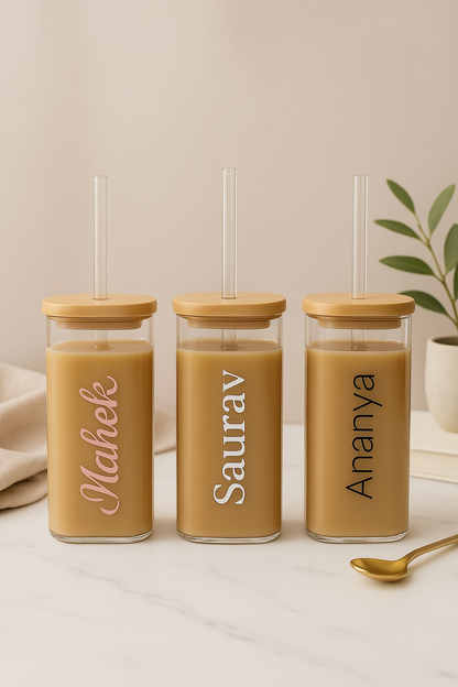Personalized Square Glass Tumbler with Bamboo Lid & Straw