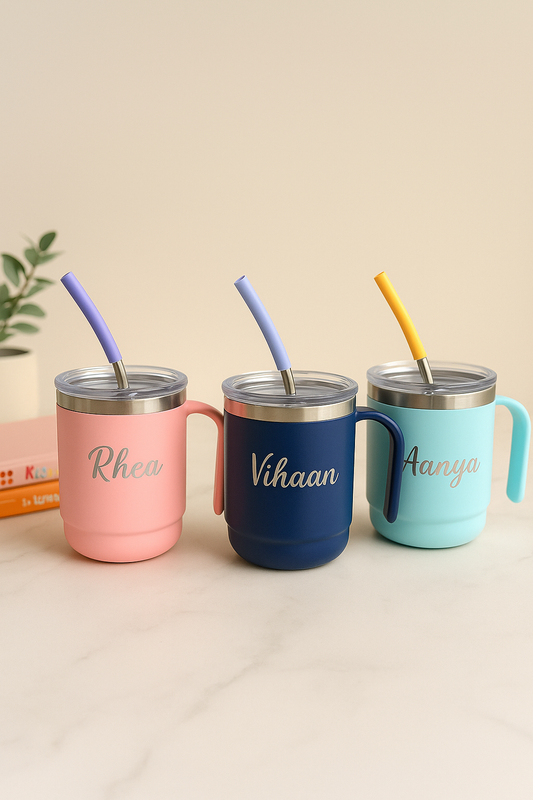 Personalised Kids Stainless Steel Straw Mug with Handle – Unicorn | Dinosaur | Astronaut