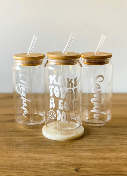 Customized Name Round Glass Tumbler with Wooden Lid and Glass Straw ( Pack of 1)